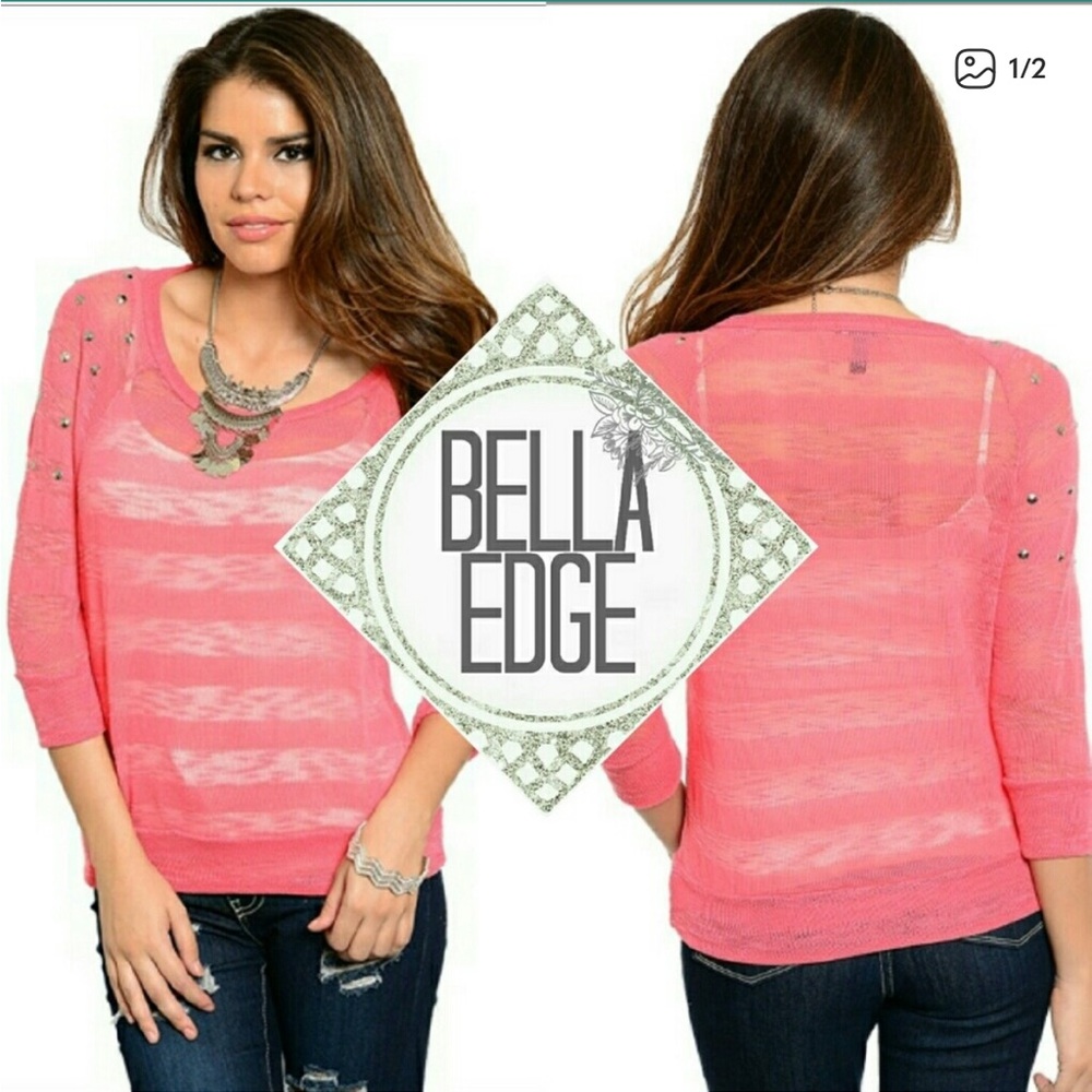 Coral Pink Knit Studded Scoop Neck 3/4 Sleeve Sweater